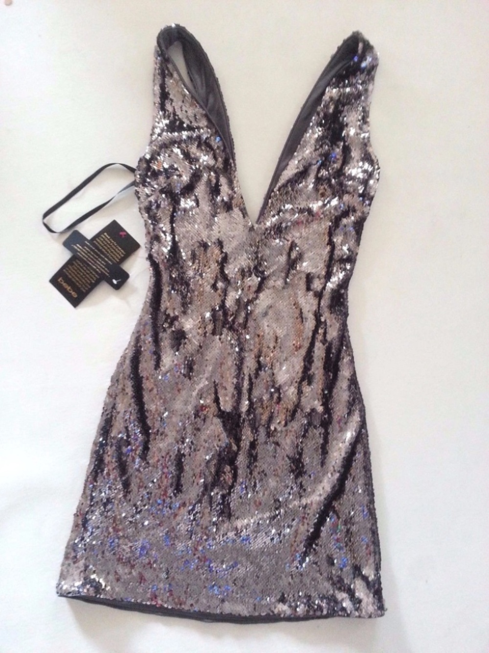 $180 NEW bebe double deep v neck all over dark  silver sequin club top dress